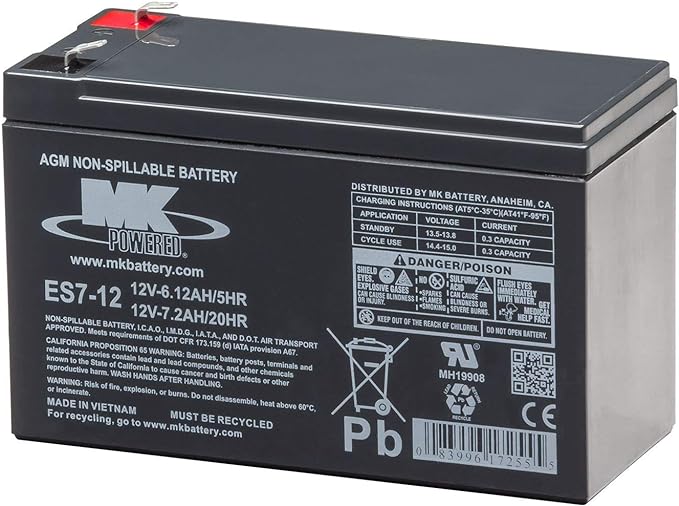 12V 7.2 AH  Sealed Lead Acid Battery Tab=.250, ES7-12T2