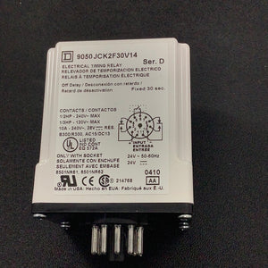 9050JCK2F30V14 - SQUARE D - Timing Relay, Type JCK, plug In, off delay,
fixed time, 30 seconds, 10A, 240 VAC, 24VAC/DC