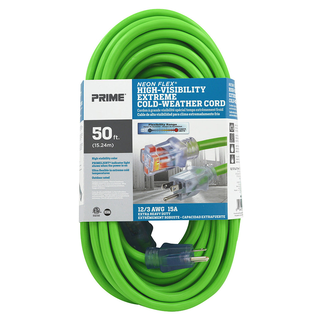 50ft 12/3 SJTW -50°C Neon Flex® High Visibility Outdoor Extension Cord (Green), NS512830