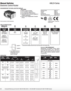 Honeywell AML24EBA2AC05 Rocker Switch, DPDT, On-Off-On, Silver, Double Pole, rectangular, Snap-In, MOMENTARY ACTION