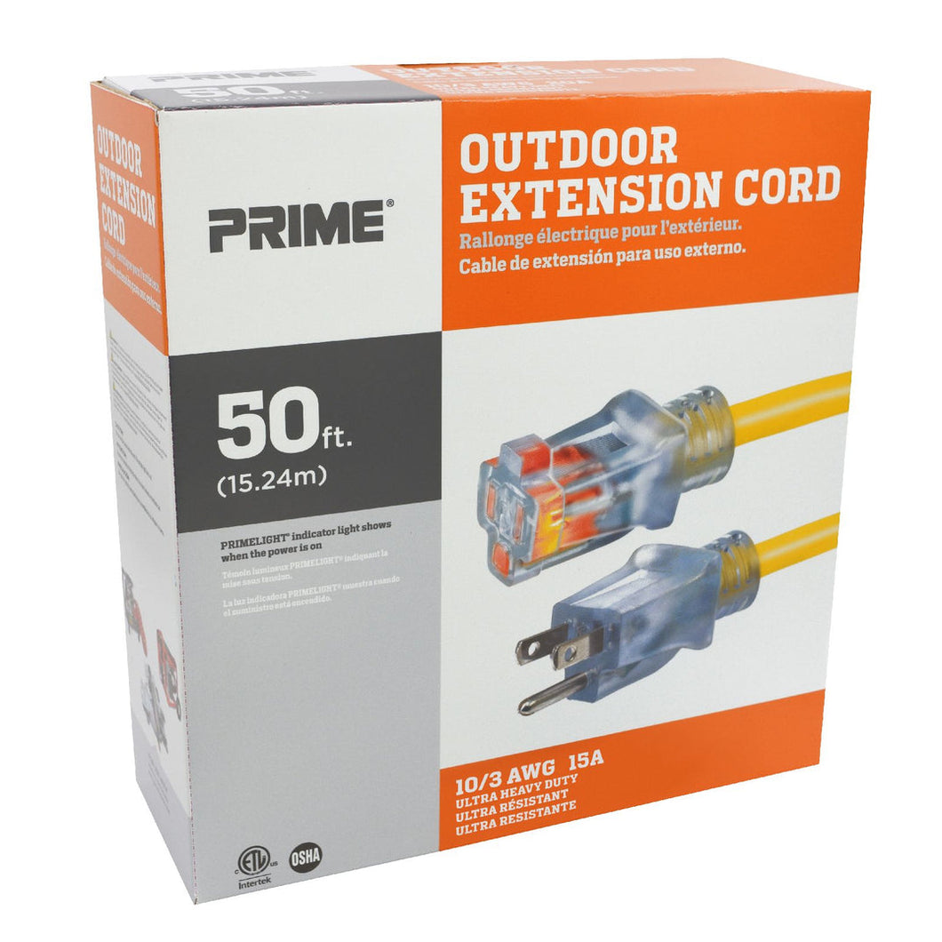 50ft 10/3 SJTW Yellow Outdoor Extension Cord w/Primelight®, EC511930