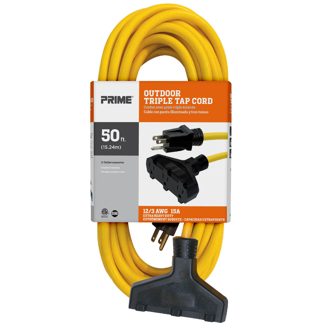 50’ 12/3 SJTW Triple-Tap Extra Heavy Duty Outdoor Extension Cord, Yellow, EC600830