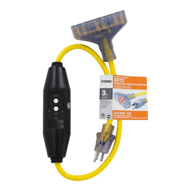 3ft 12/3 SJTW Yellow In-Line GFCI Triple-Tap Adapter w/Primelight® Power Indicator Light, GF320803