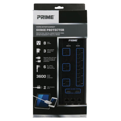 8-Outlet 3600 Joule Multimedia Surge Protector w/2-Port USB Charger, PB523118