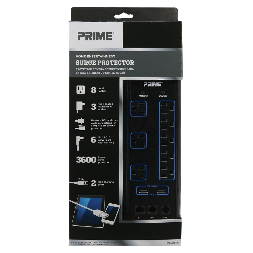 8-Outlet 3600 Joule Multimedia Surge Protector w/2-Port USB Charger, PB523118