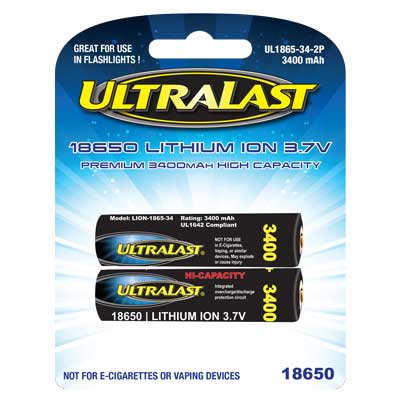 18650 LITHIUM ION  3.7V  3400MAH  2 PACK, UL1865-34-2P